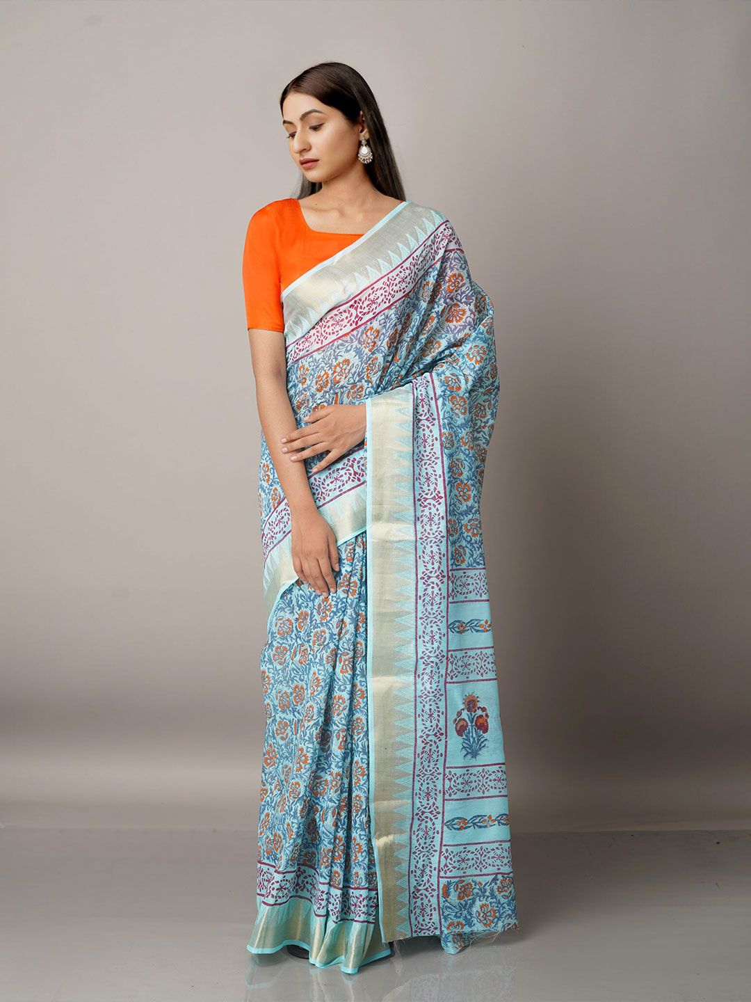 Unnati Silks Blue & Pink Ethnic Motifs Zari Pure Cotton Kota Saree Price in India