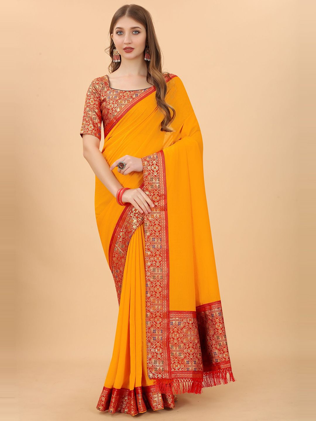 KALINI Yellow & Red Zari Pure Silk Saree Price in India
