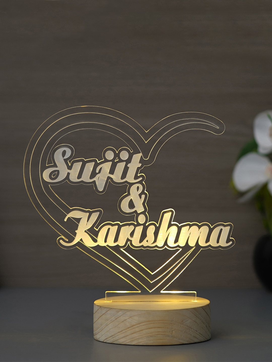 eCraftIndia Brown Personalized Name Design Carved on Acrylic & Wood Base Night Table Lamp Price in India