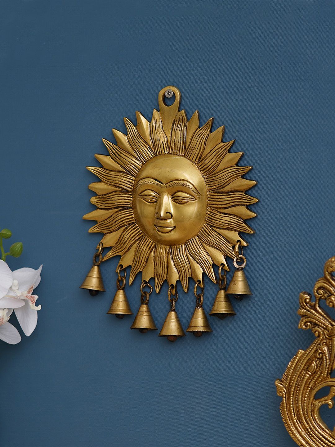 ECraftIndia Golden Decorative Handcrafted Sun God Brass Wall Hanging with Bells Price in India