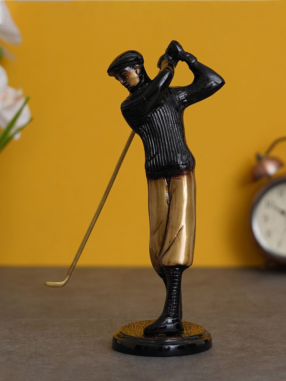 eCraftIndia Black & Gold-Toned Textured Man Playing Golf Antique Finish Decorative Brass Showpiece Price in India