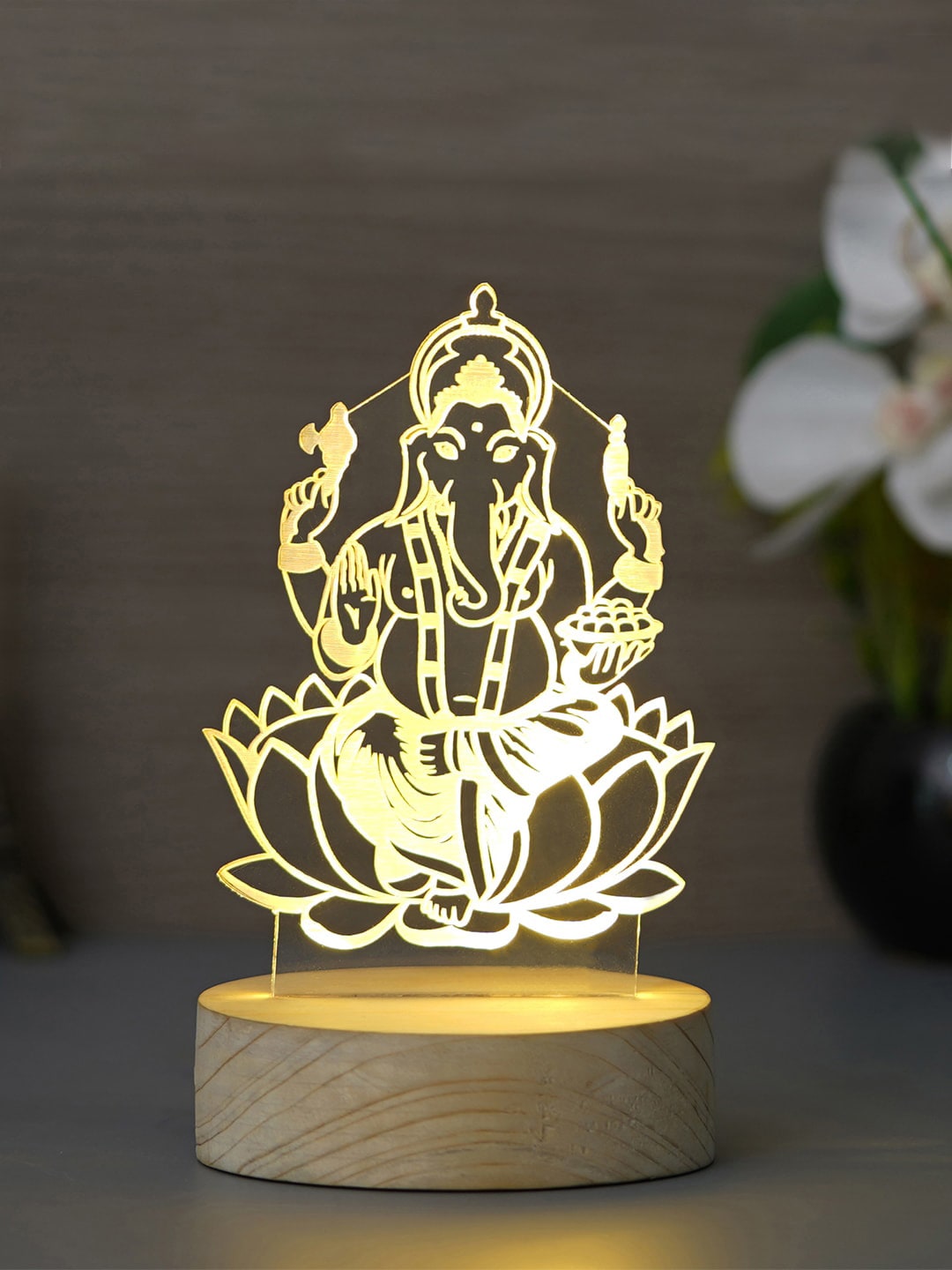 eCraftIndia Brown Lord Ganesha Design Carved on Acrylic & Wood Base Night Table Lamp Price in India