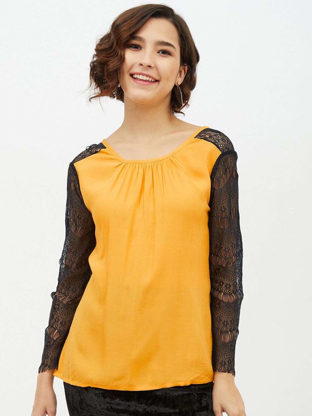 StyleStone Women Yellow Solid Top With Lace Sleeve Price in India