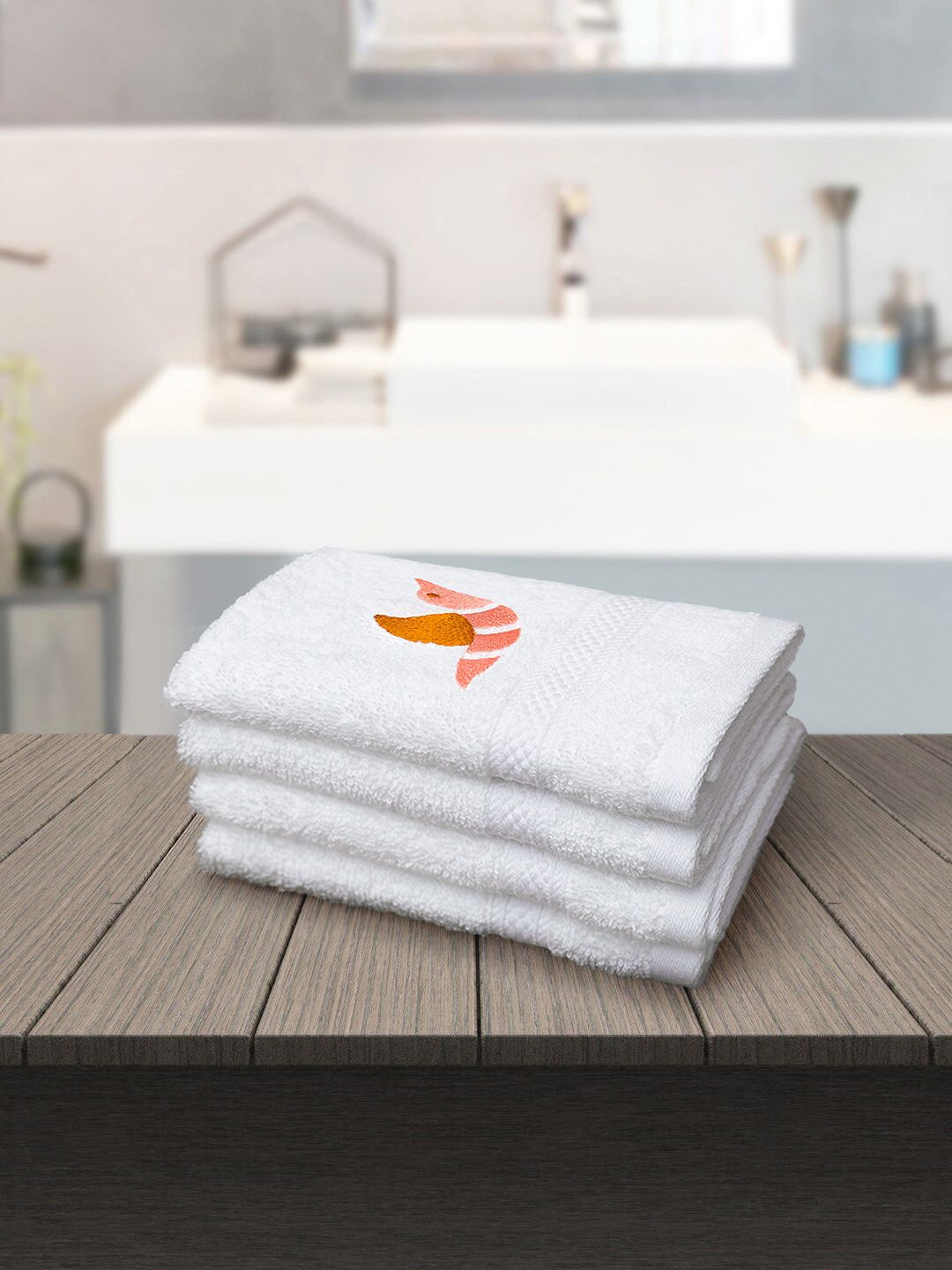 PETAL HOME Set Of 4 White Embroidered Pure Cotton 500 GSM Face Towels Price in India
