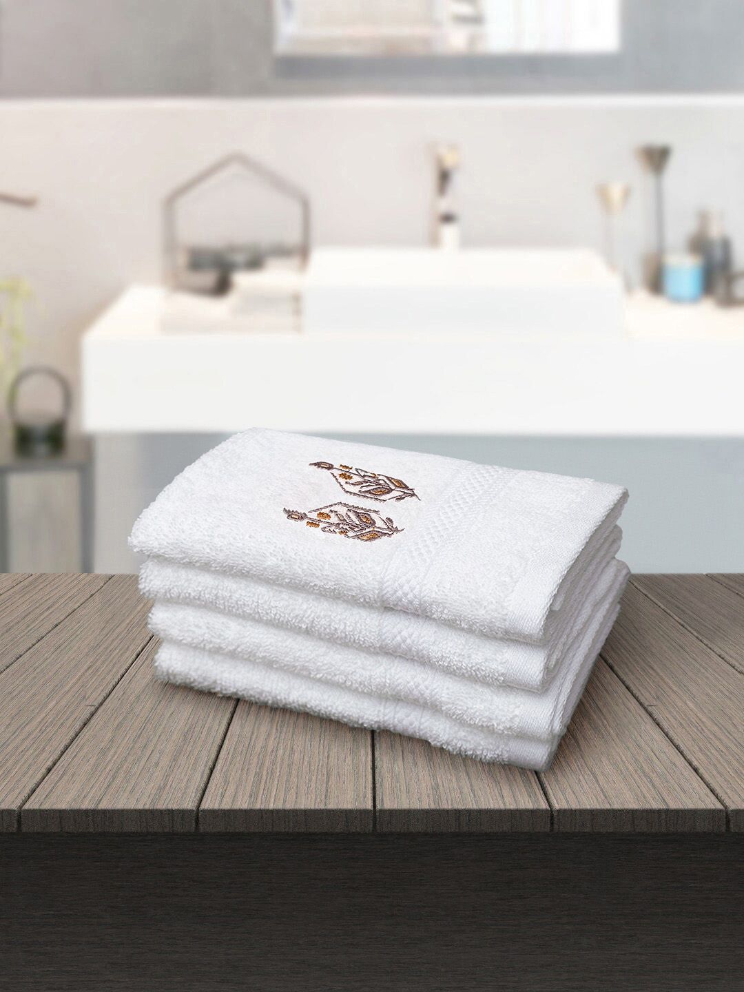 PETAL HOME  Set Of 4 White Vellore Embroidered 120 GSM Face Towels Price in India