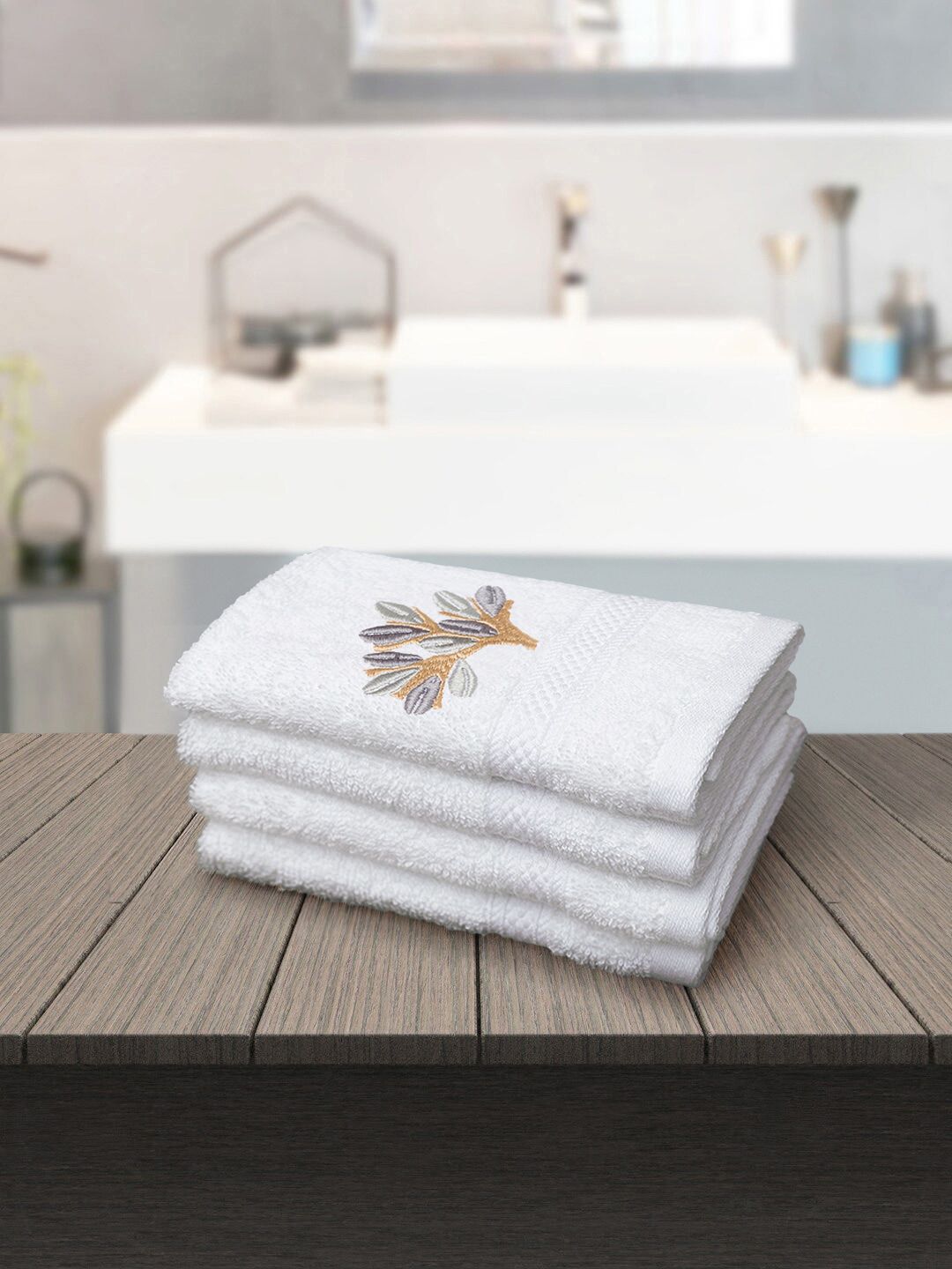 PETAL HOME Set Of 4 White & Grey Embroidered 120 GSM Face Towels Price in India