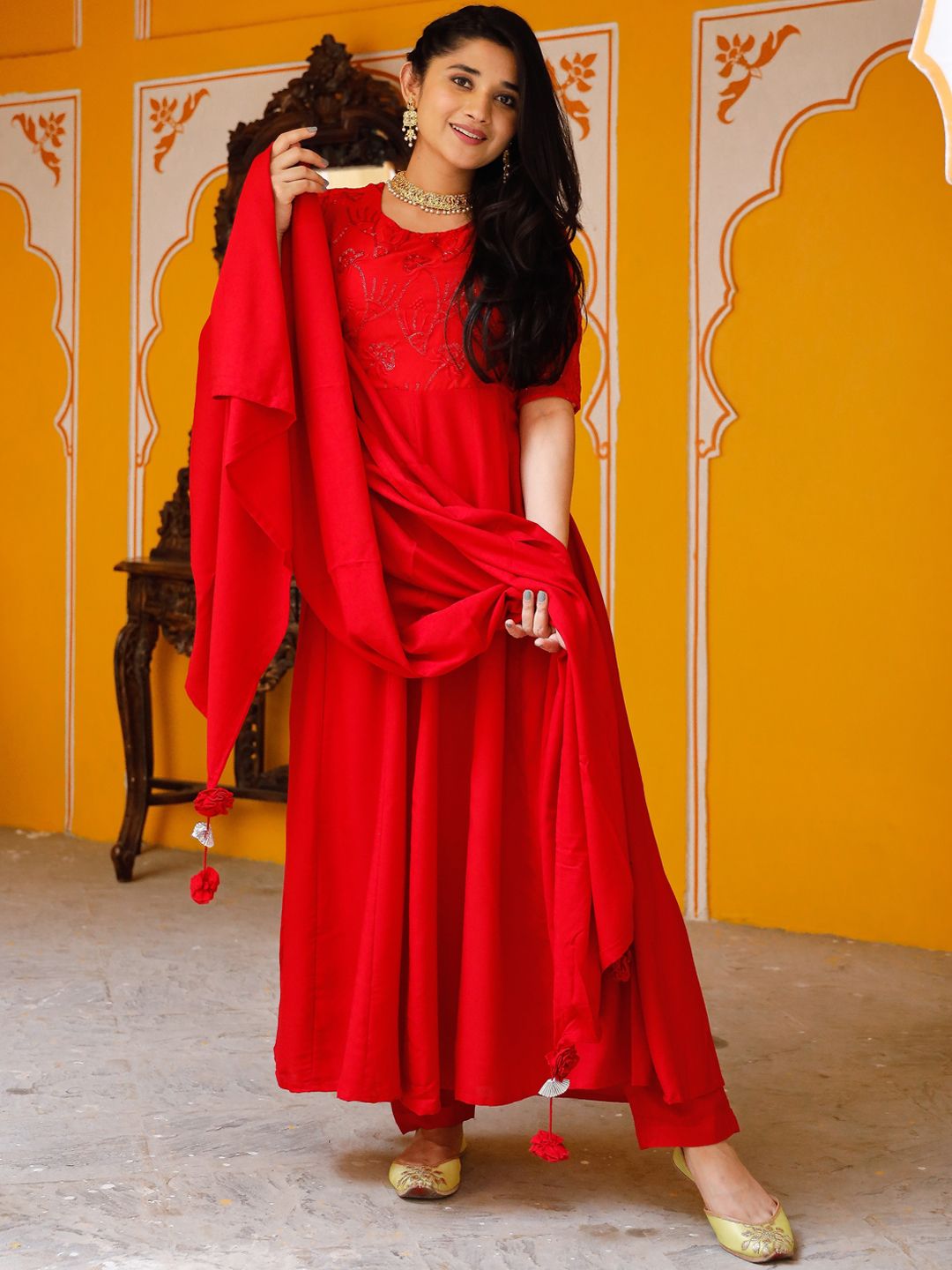 Thread & Button Women Red Embroidered Kurta with Trousers & With Dupatta Price in India