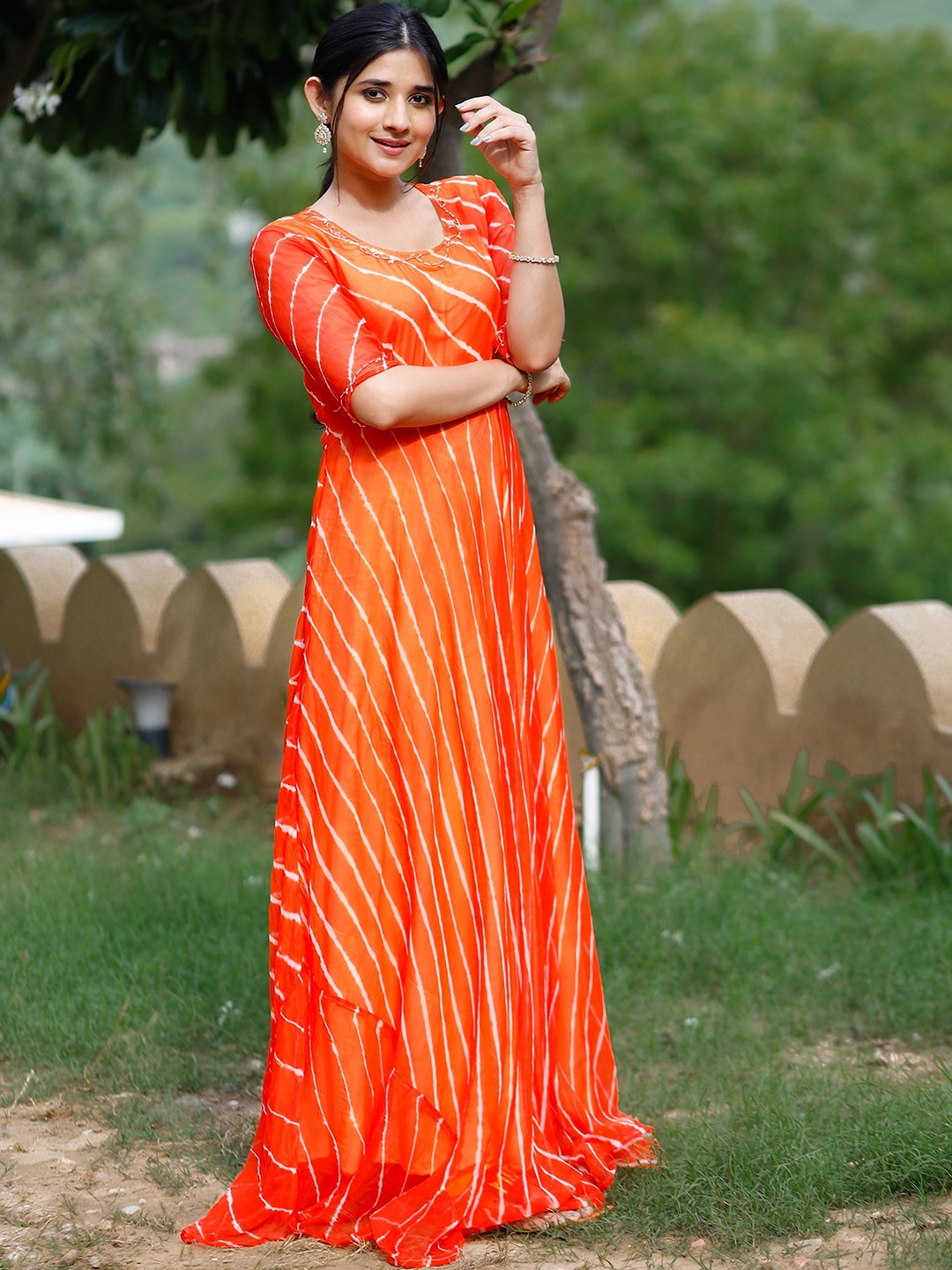 Thread & Button Orange Lehariya Chiffon Ethnic Maxi Dress Price in India