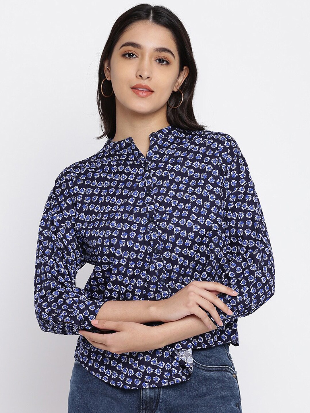 abof Navy Blue Floral Print Mandarin Collar Shirt Style Top Price in India