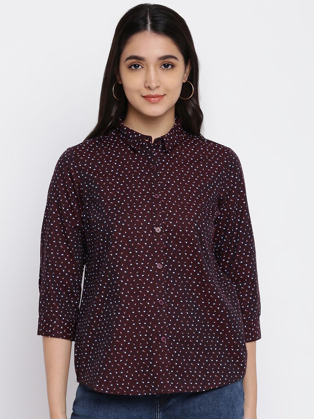 abof Burgundy Geometric Print Shirt Style Top Price in India