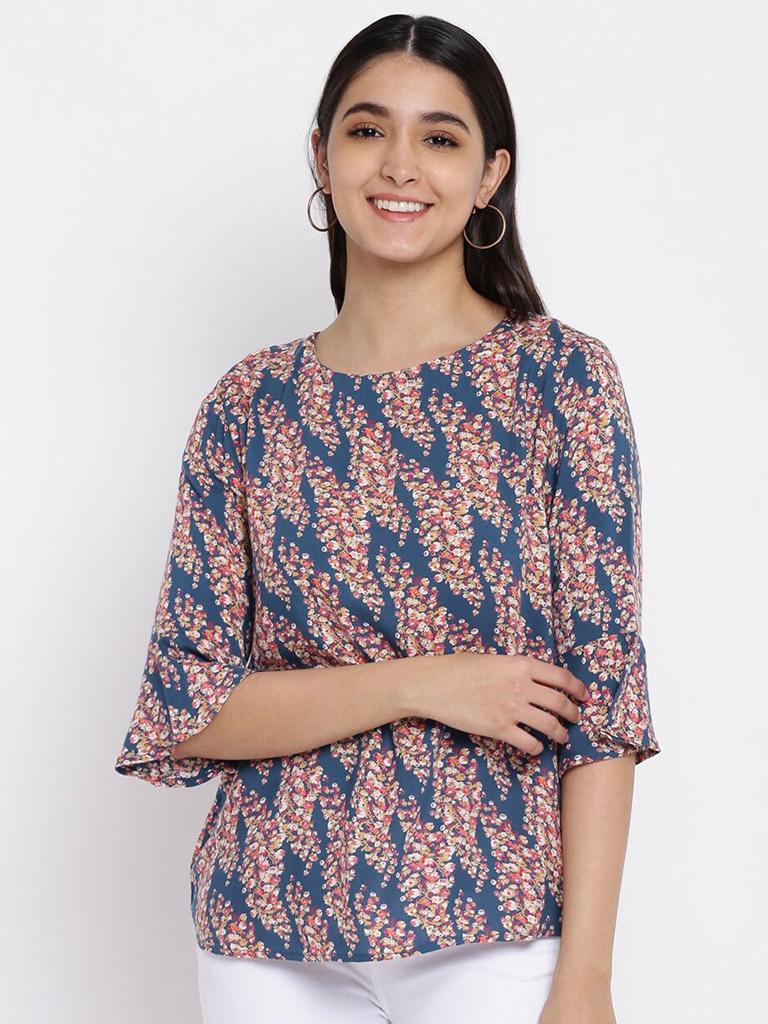abof Teal & Pink Floral Print Round Neck Top Price in India