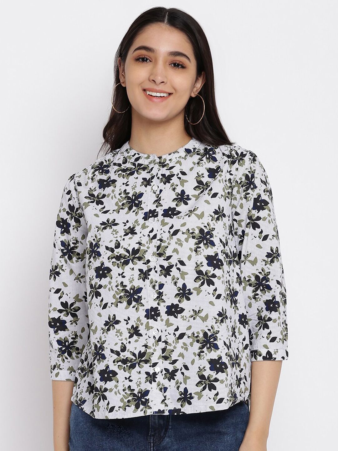 abof Off White & Green Floral Print Top Price in India