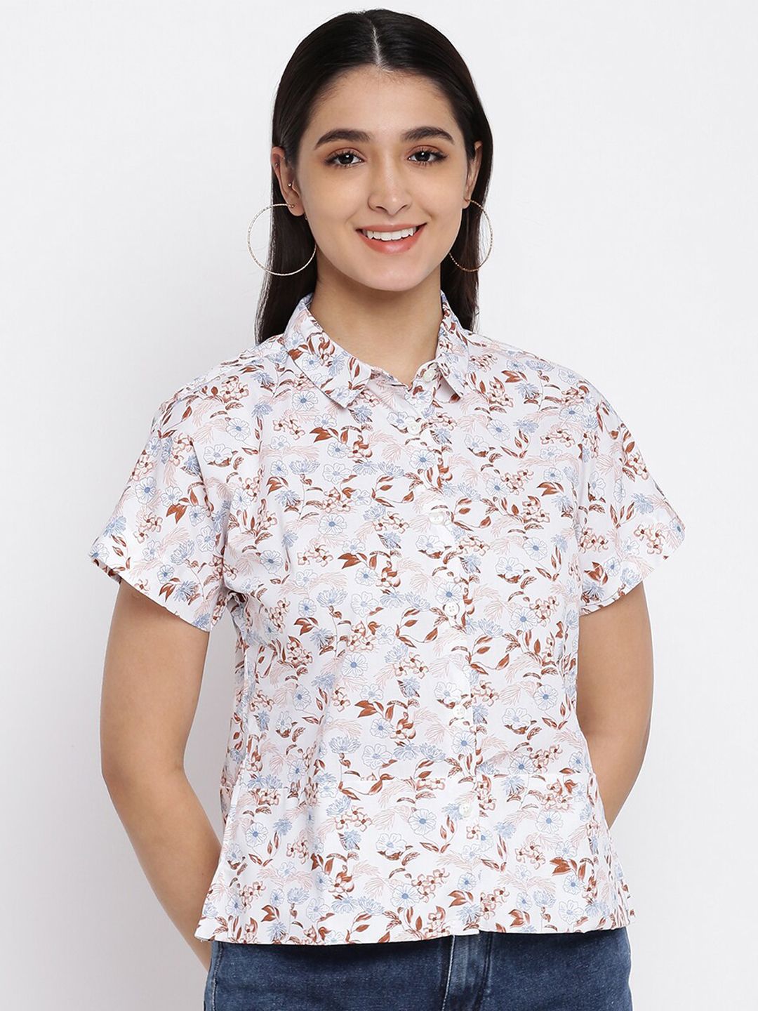 abof Off White & Brown Floral Print Shirt Style Top Price in India
