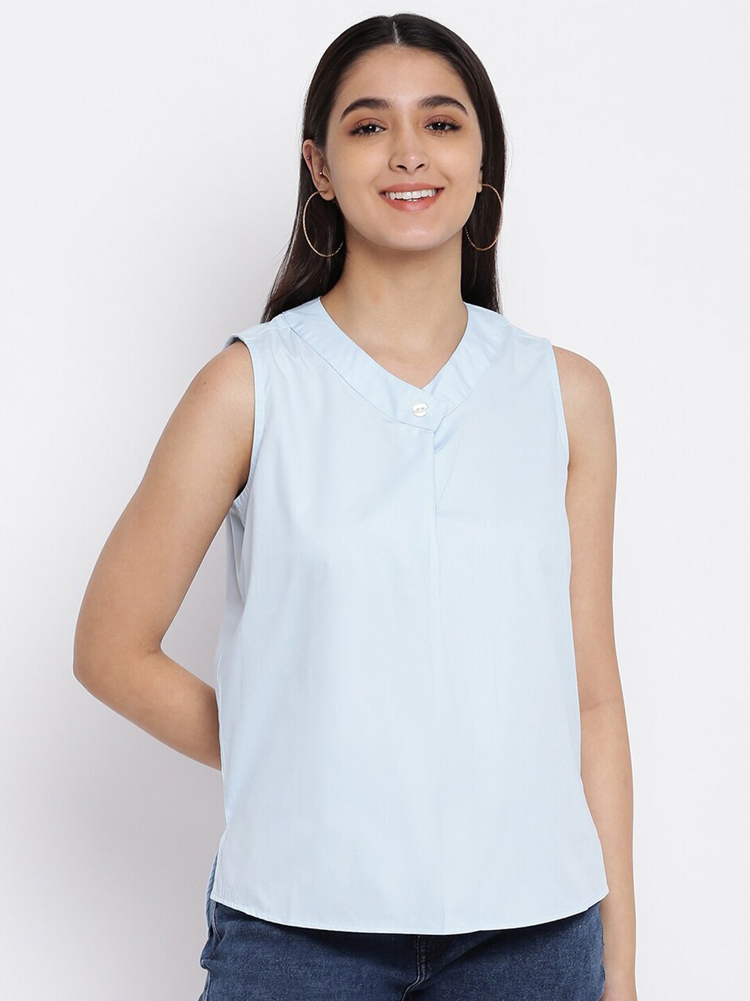 abof Women Blue Solid Polyester V-Neck Regular Top Price in India