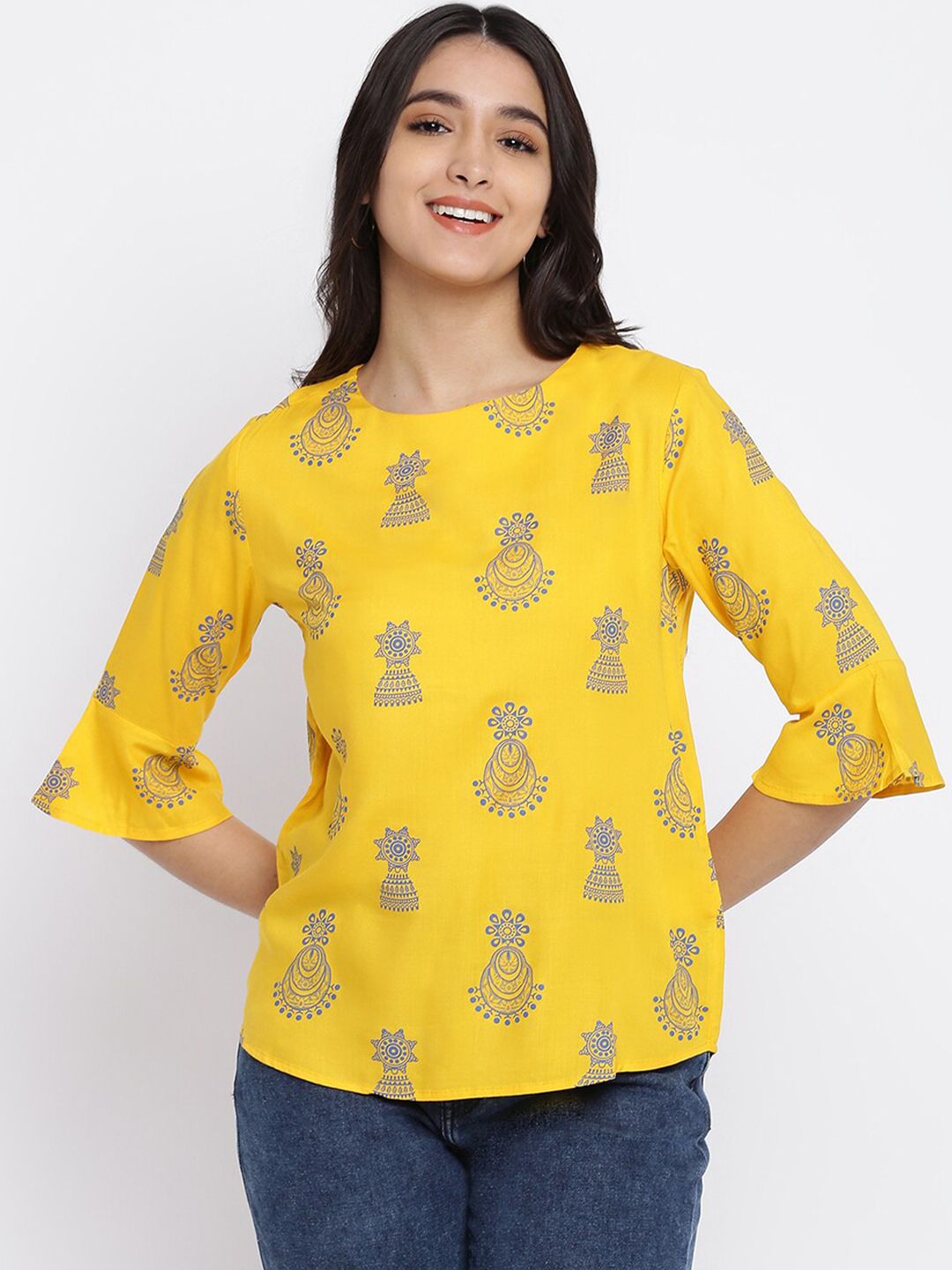 abof Women Yellow Ethnic Motifs Printed Polyester Regular Top Price in India
