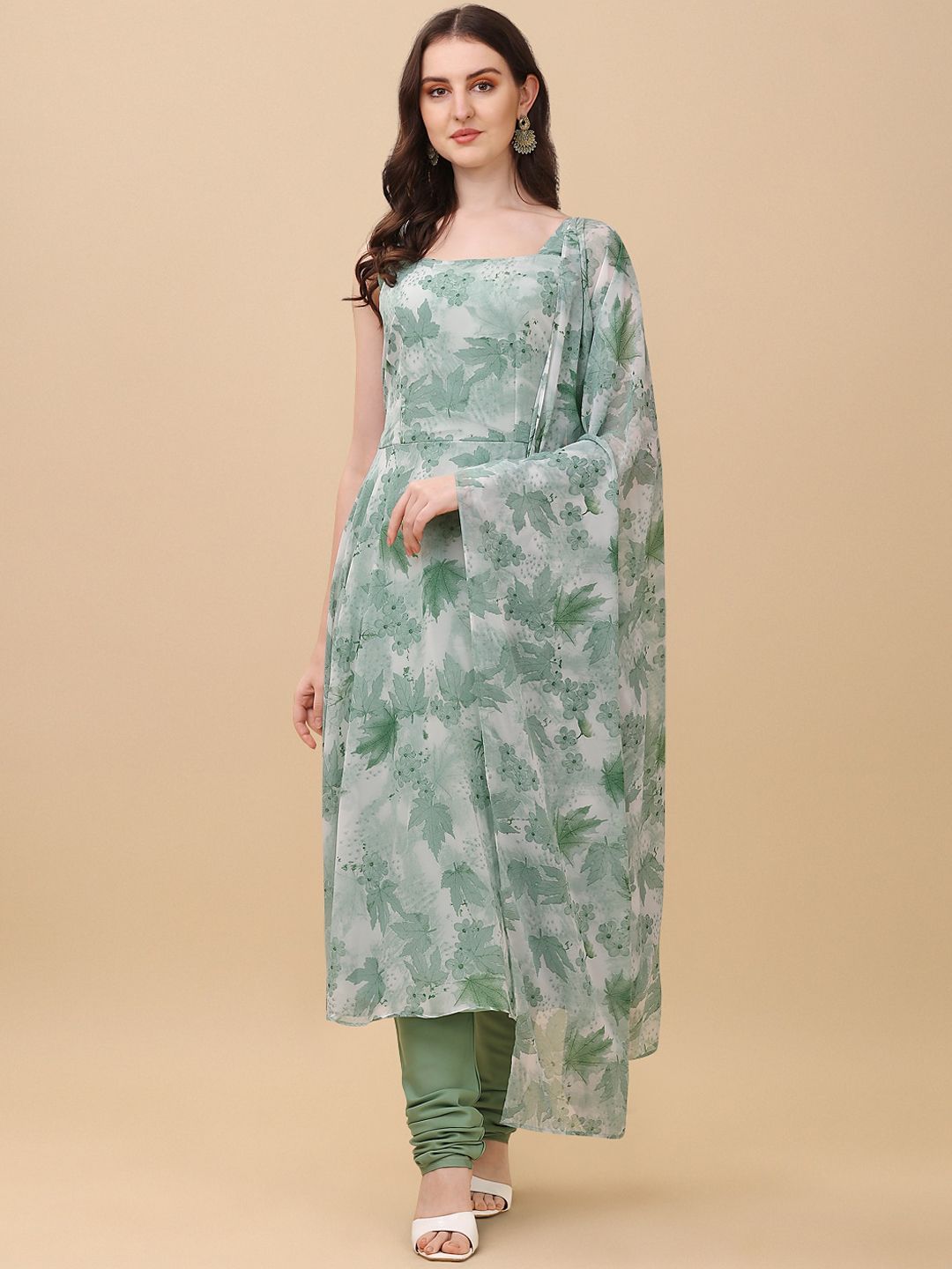 Virah Fashion Women Green Floral Printed Kurta with Churidar & Dupatta Price in India
