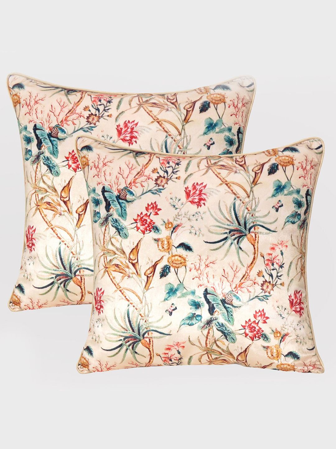 OUSSUM Beige & Green Set of 2 Floral Velvet Square Cushion Covers Price in India