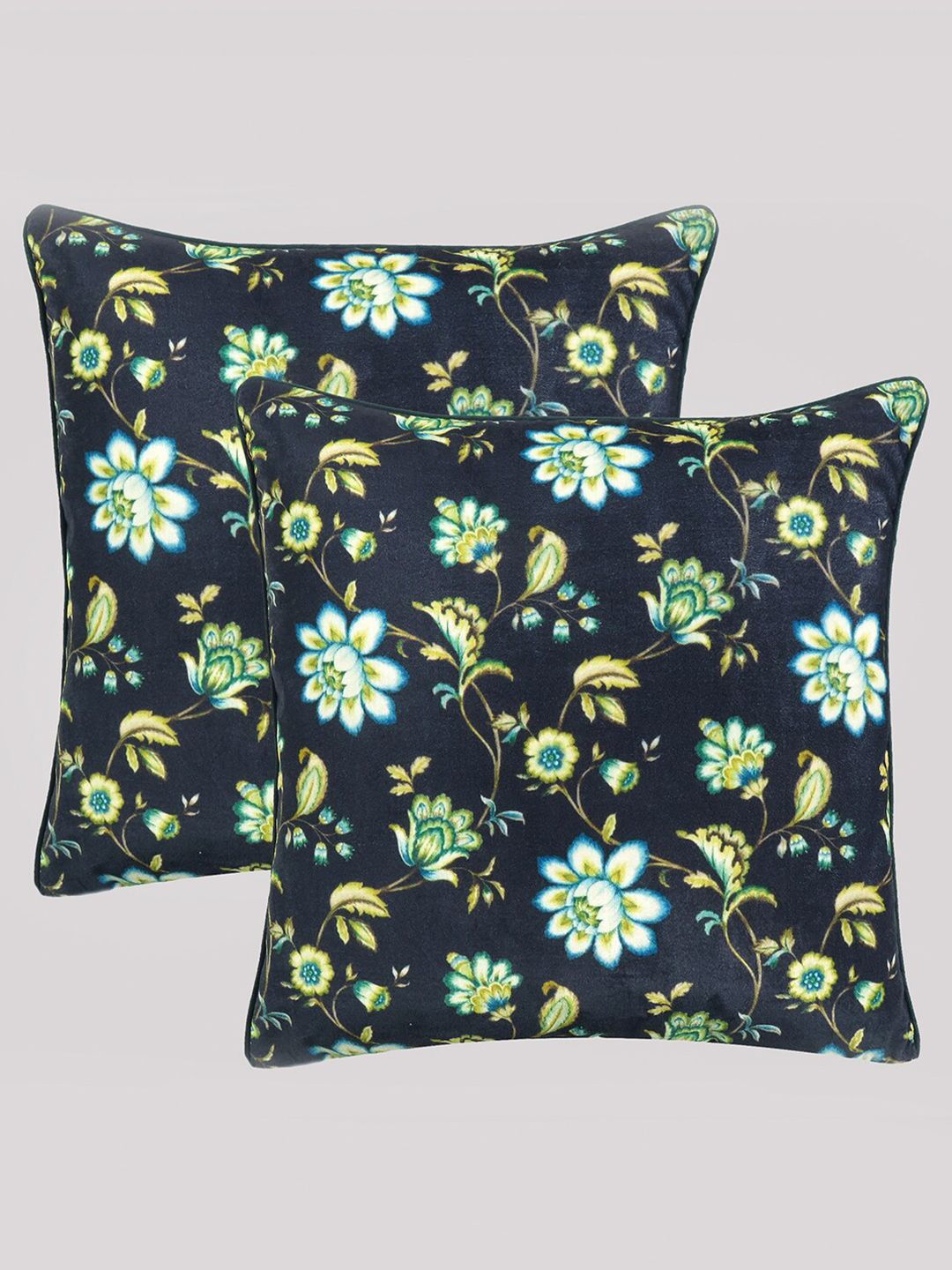 OUSSUM Black & Green Set of 2 Floral Velvet Square Cushion Covers Price in India