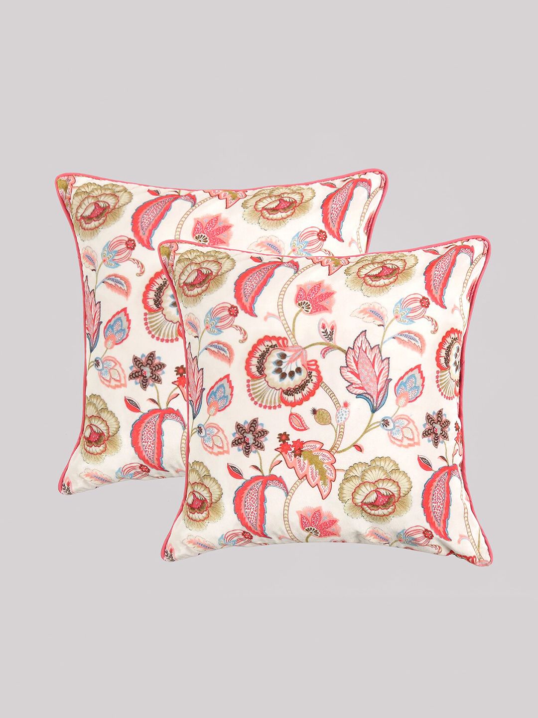 OUSSUM White & Pink Set of 2 Floral Velvet Square Cushion Covers Price in India