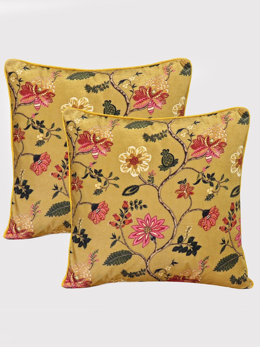 OUSSUM Yellow & Green Set of 2 Floral Velvet Square Cushion Covers Price in India