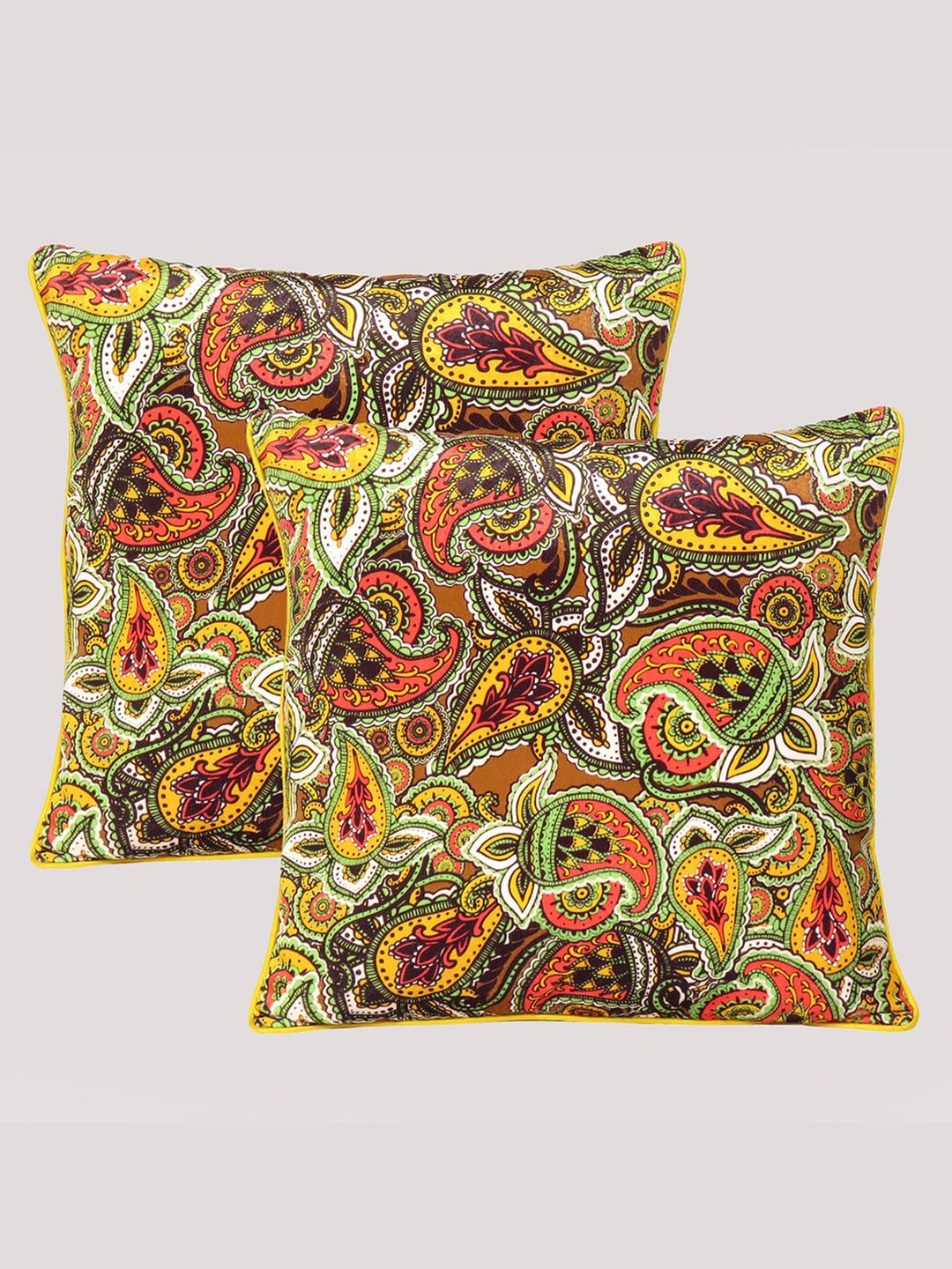 OUSSUM Yellow & Red Set of 2 Floral Velvet Square Cushion Covers Price in India