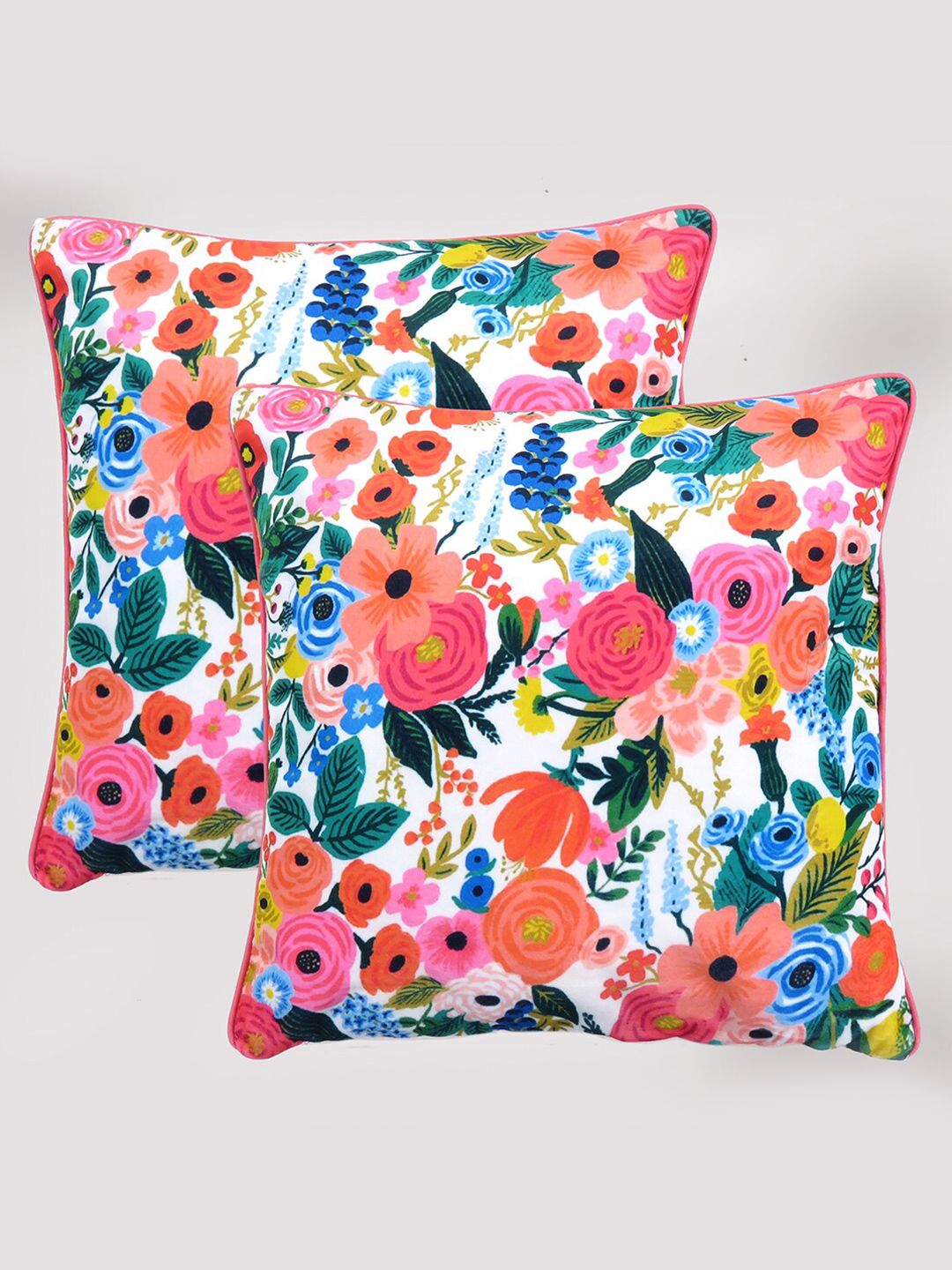 OUSSUM Pink & Blue Set of 2 Floral Velvet Square Cushion Covers Price in India