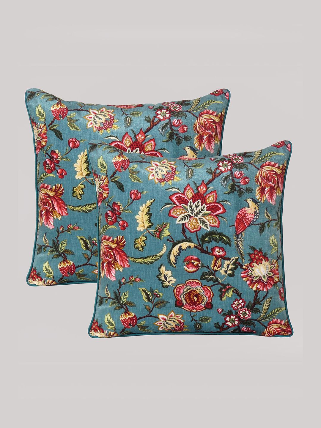 OUSSUM Grey & Pink Set of 2 Floral Velvet Square Cushion Covers Price in India