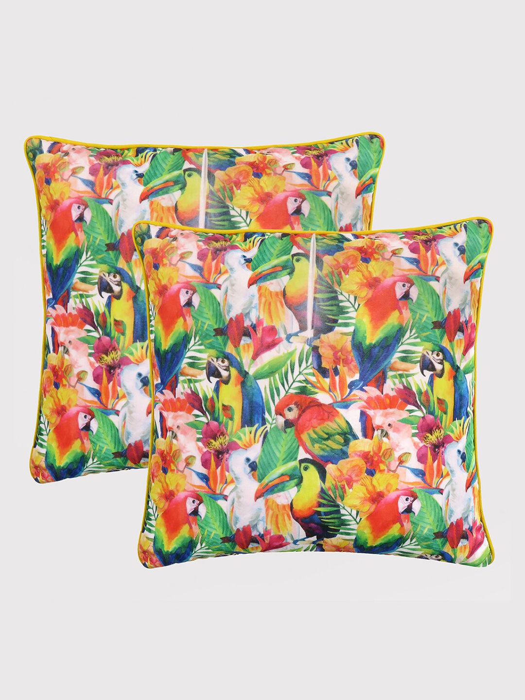 OUSSUM Green & Pink Set of 2 Floral Velvet Square Cushion Covers Price in India