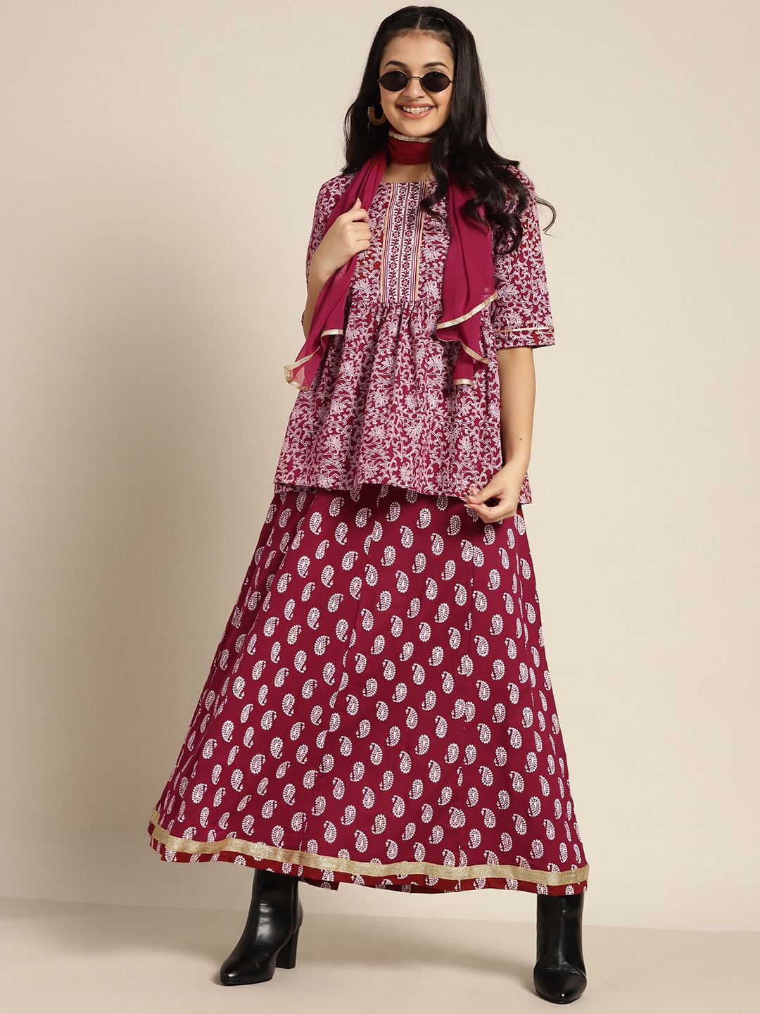 Sangria Teen Girl Maroon & White Ethnic Motif Ready to Wear Cotton Lehenga Choli & Dupatta Price in India