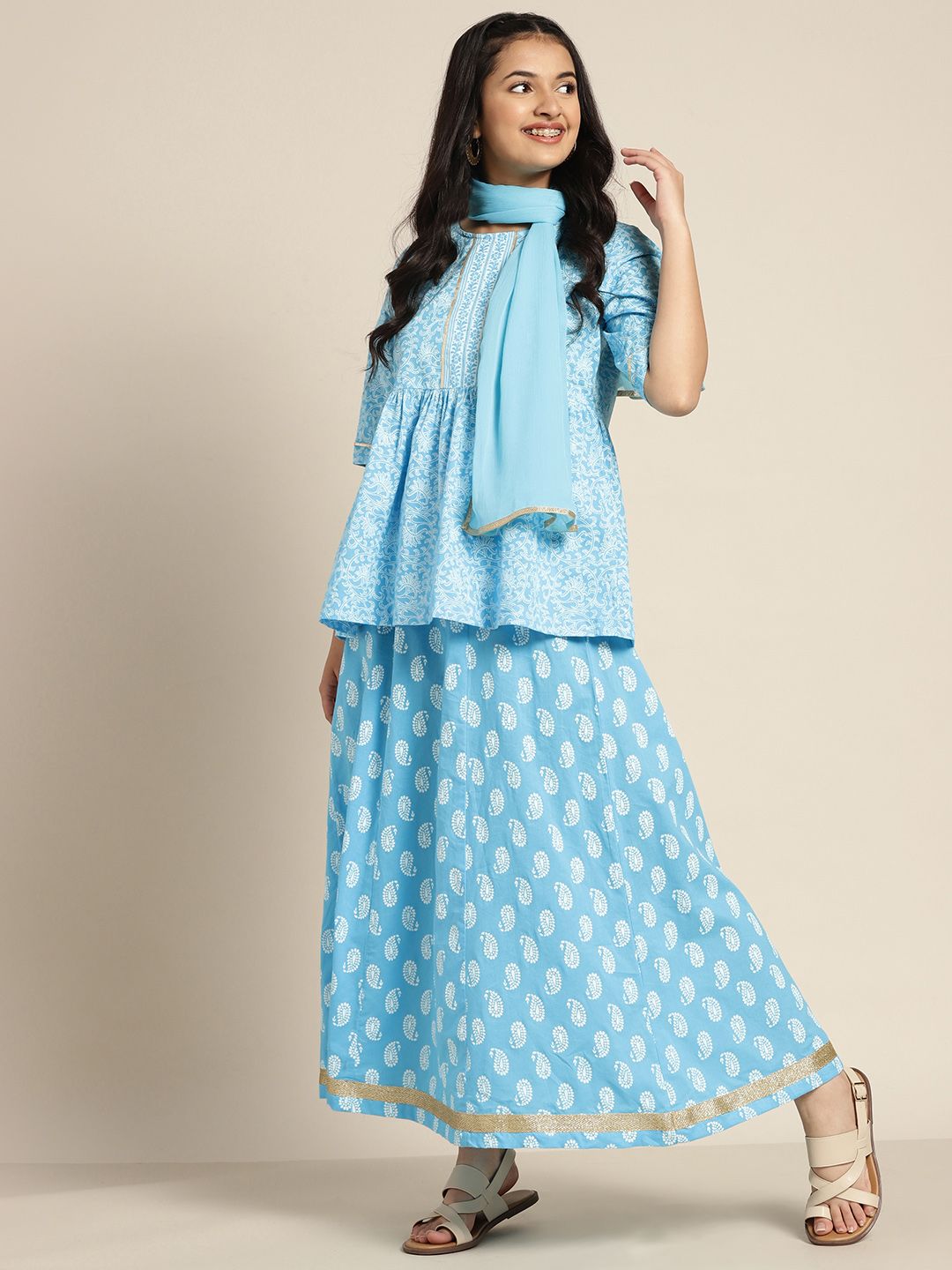 Sangria Teen Girl Blue & White Ethnic Motif Ready to Wear Cotton Lehenga Choli & Dupatta Price in India
