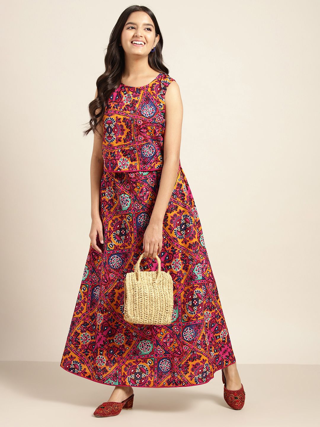 Sangria Girls Yellow & Red Ethnic Motifs Print Ready to Wear Pure Cotton Lehenga Choli Price in India