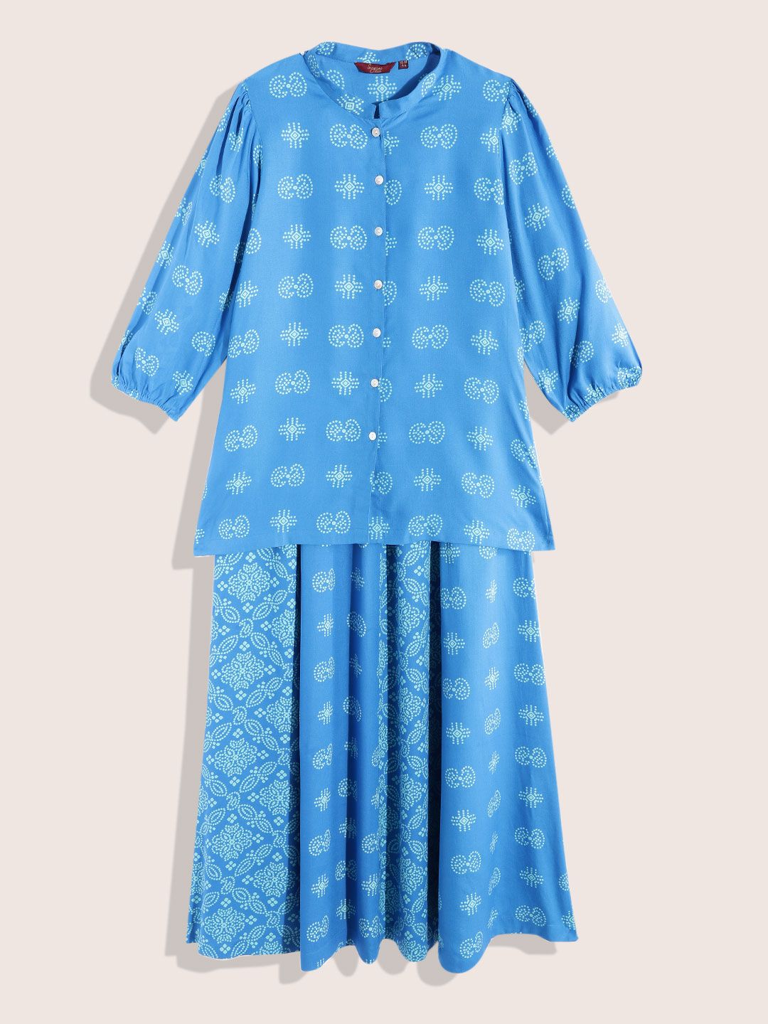 Sangria Teen Girls Blue Bandhani Mandarin Neck Puff Sleeves Ready to Wear Lehenga & Choli Price in India