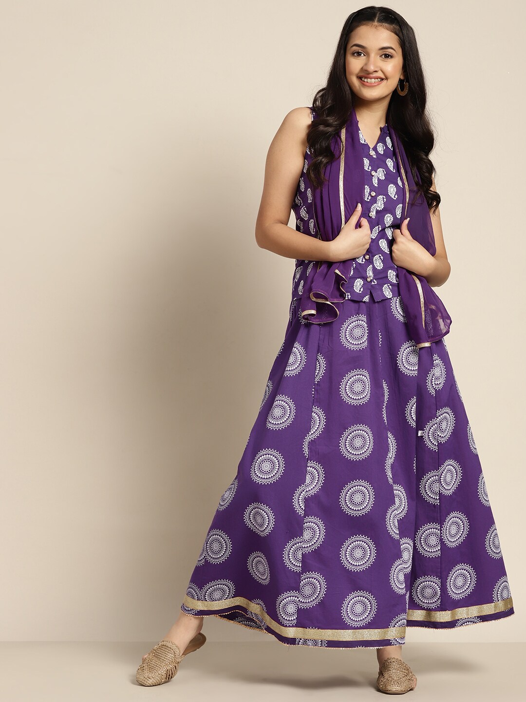 Sangria Teen Girl Purple & White Ethnic Motif Ready to Wear Cotton Lehenga Choli & Dupatta Price in India