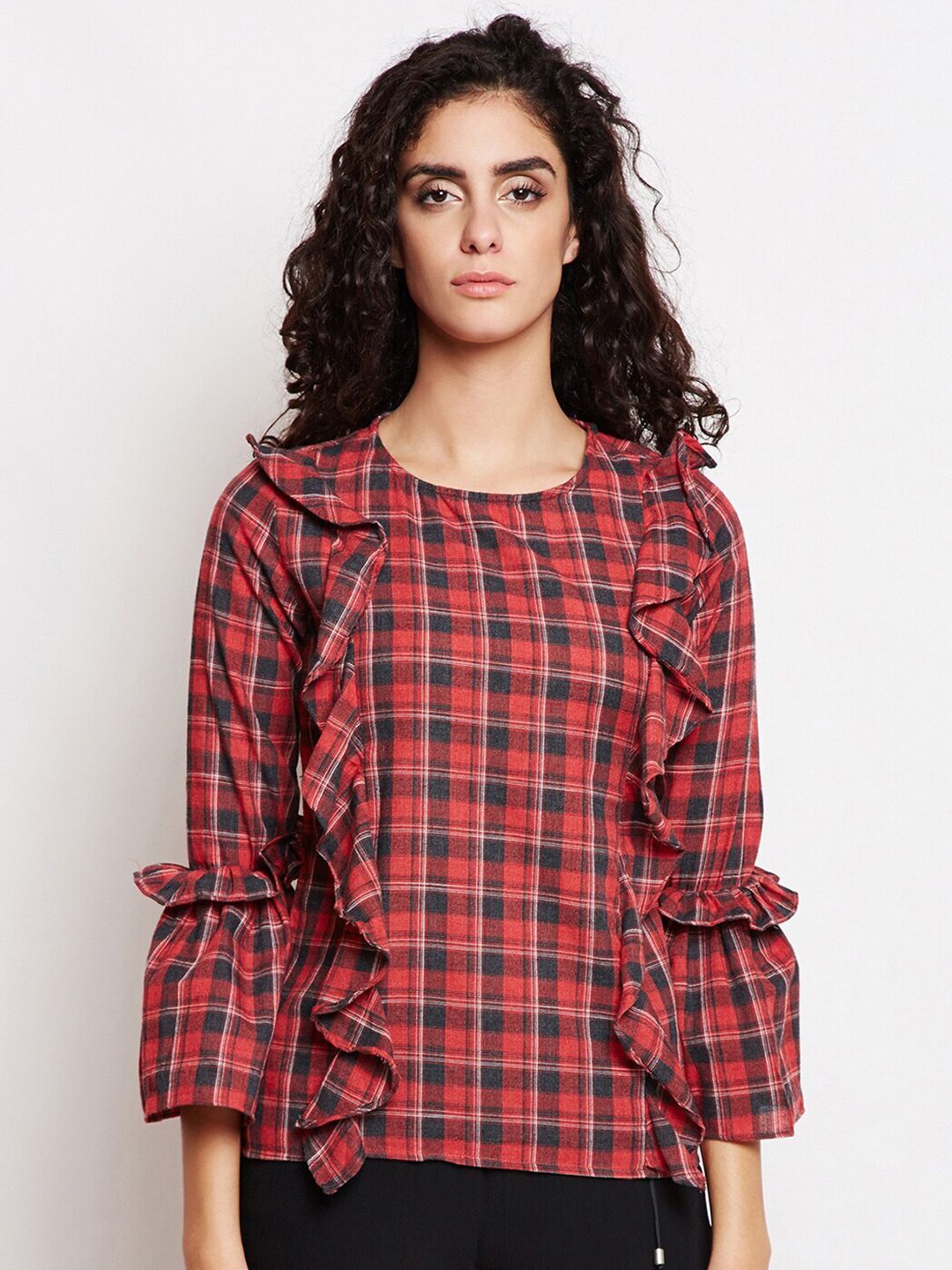 Be Indi Women Maroon & Black Checked Ruffles Top Price in India