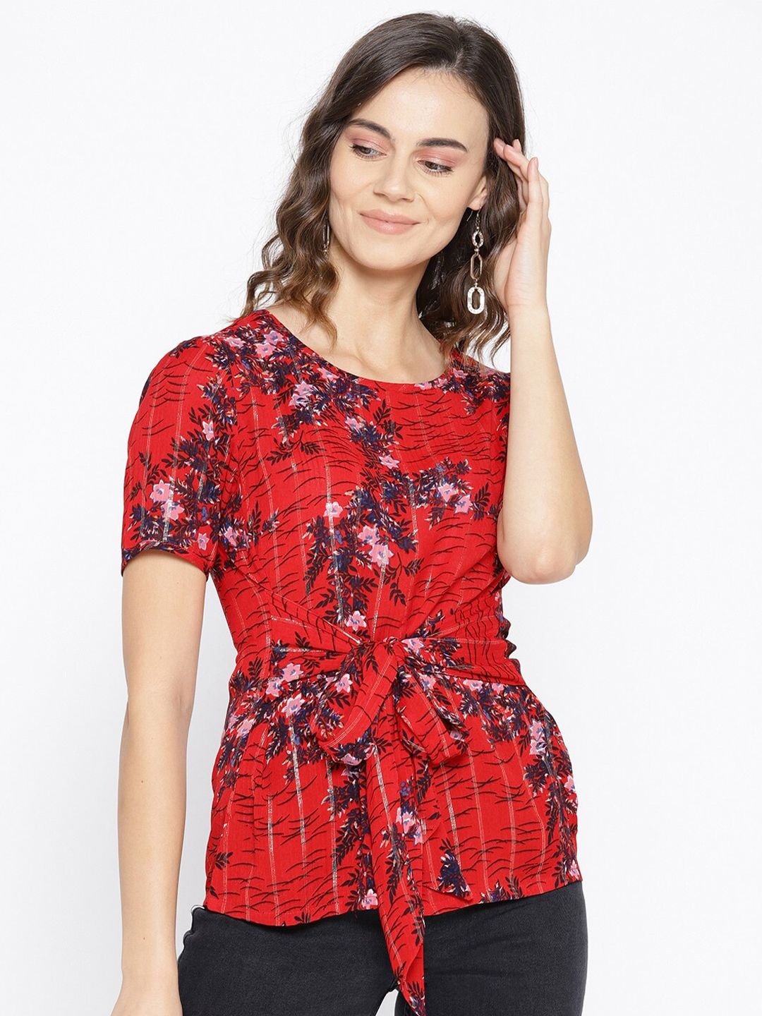 Be Indi Red Floral Print Extended Sleeves Top Price in India