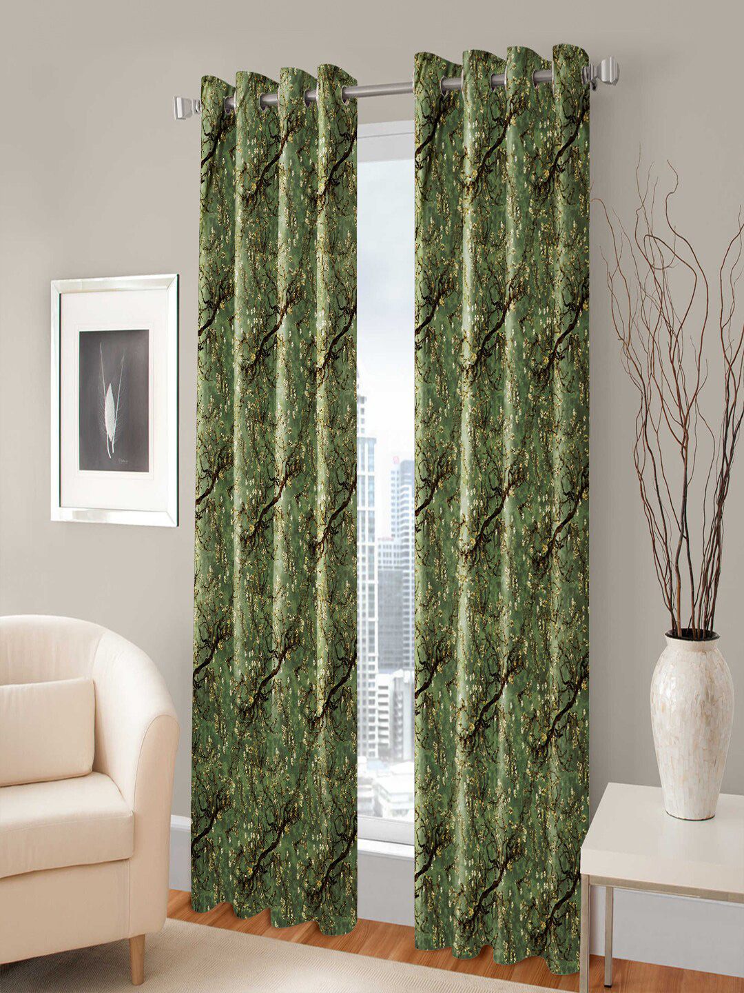 Nendle Green & Yellow Set of 2 Floral Room Darkening Long Door Curtain Price in India
