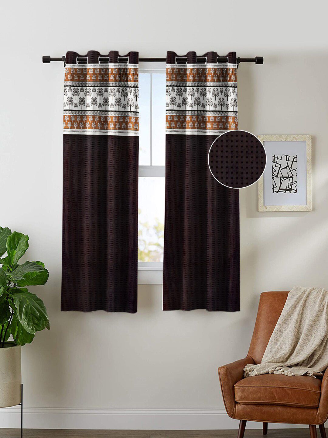 Nendle Brown & White Set of 2 Floral Room Darkening Window Curtain Price in India