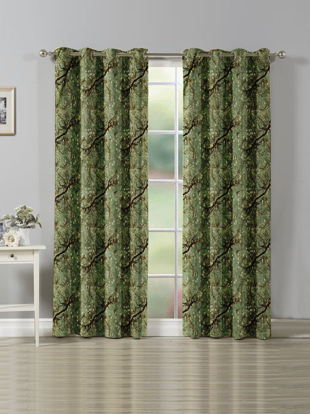 Nendle Green & Yellow Set of 2 Floral Room Darkening Door Curtain Price in India