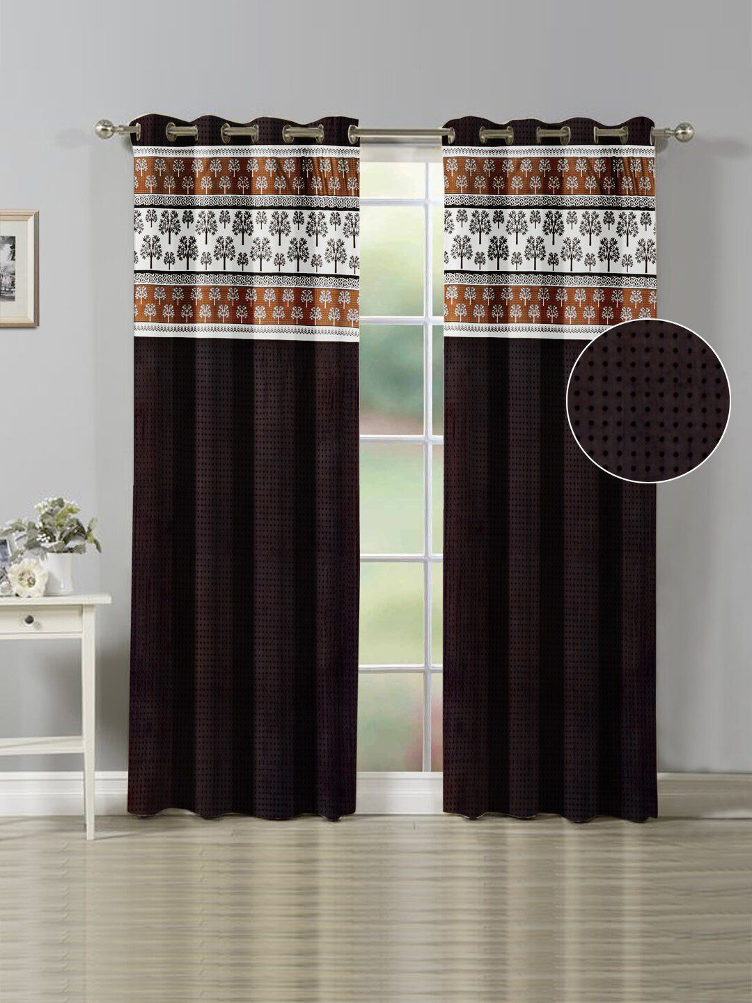 Nendle Brown & White Set of 2 Floral Room Darkening Door Curtain Price in India