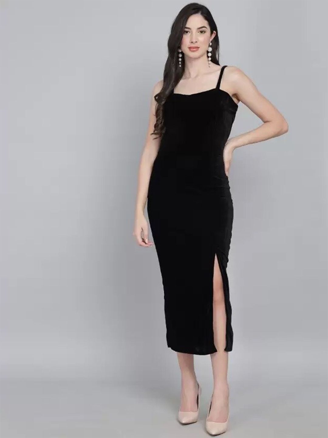 VAARARO Black Velvet Sheath Midi Dress Price in India