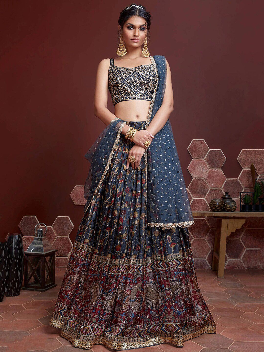 FABPIXEL Blue & Pink Embellished Semi-Stitched Lehenga & Unstitched Blouse With Dupatta Price in India