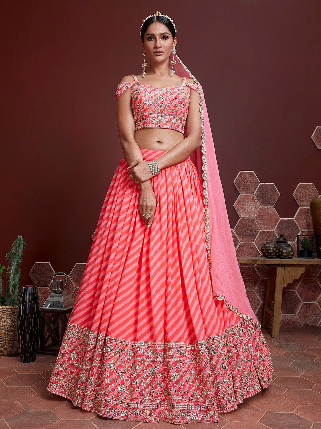 FABPIXEL Peach-Coloured & Gold-Toned Embellished Semi-Stitched Lehenga & Unstitched Blouse With Dupatta Price in India