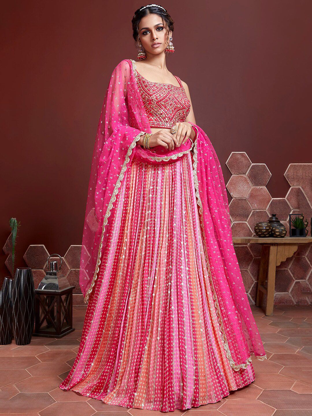 FABPIXEL Pink & Gold-Toned Embellished Semi-Stitched Lehenga & Unstitched Blouse With Dupatta Price in India