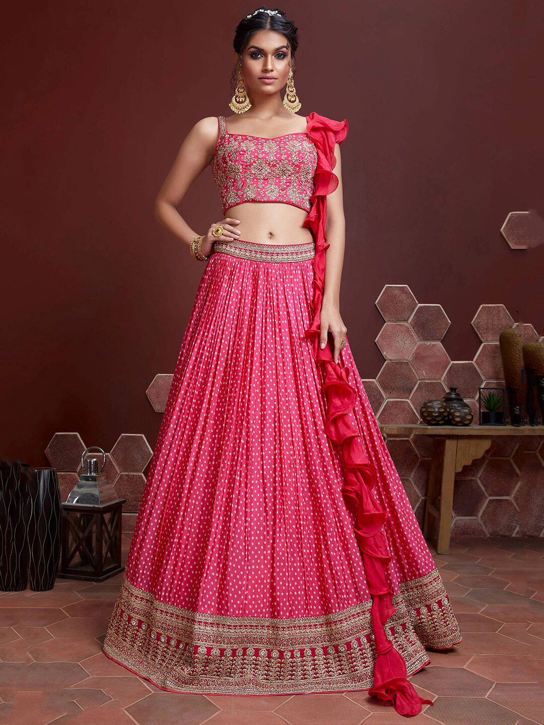 FABPIXEL Pink & Off White Embellished Semi-Stitched Lehenga & Unstitched Blouse With Dupatta Price in India