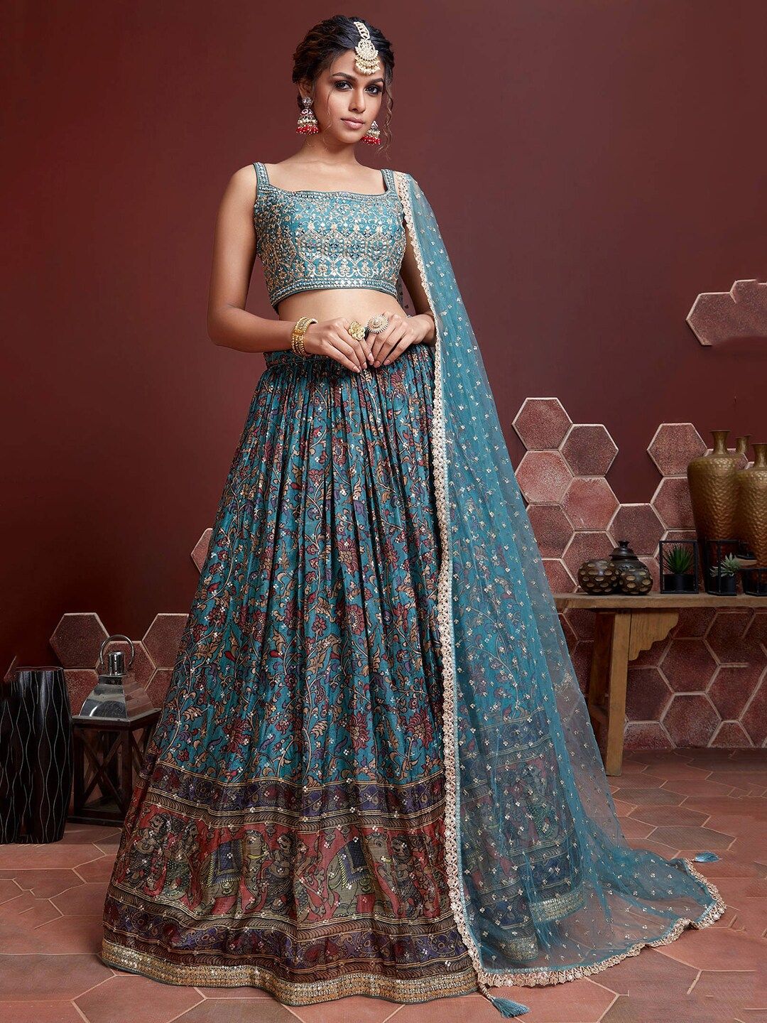 FABPIXEL Blue & Brown Embellished Semi-Stitched Lehenga & Unstitched Blouse With Dupatta Price in India
