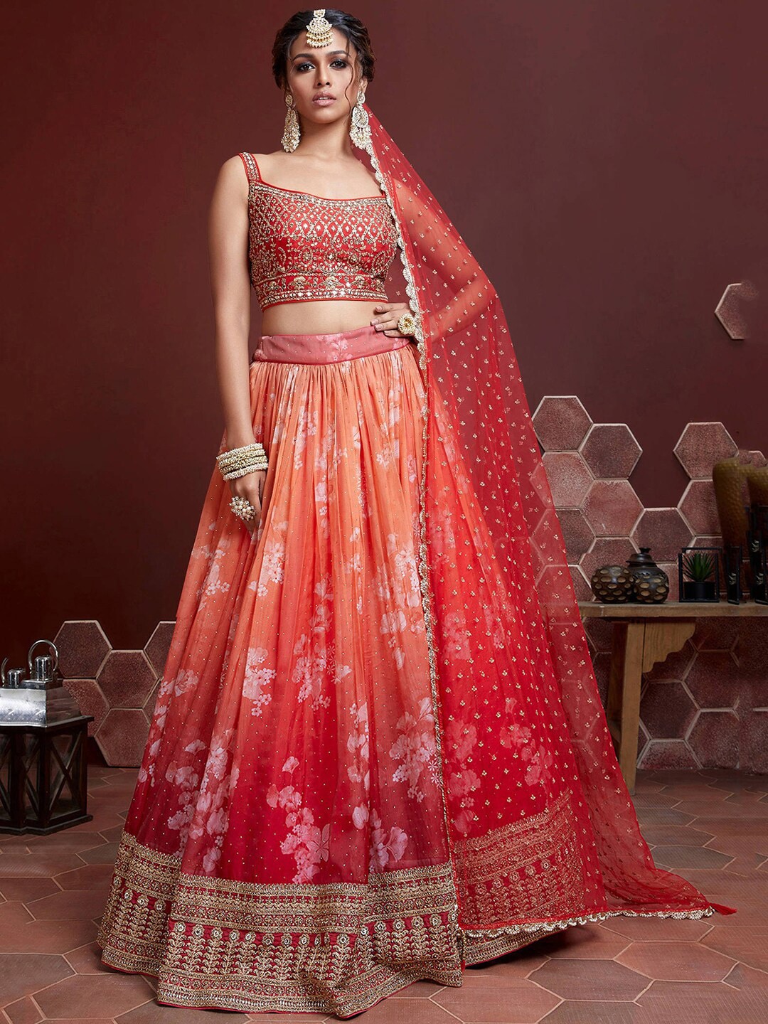 FABPIXEL Orange & Pink Embellished Semi-Stitched Lehenga & Unstitched Blouse With Dupatta Price in India