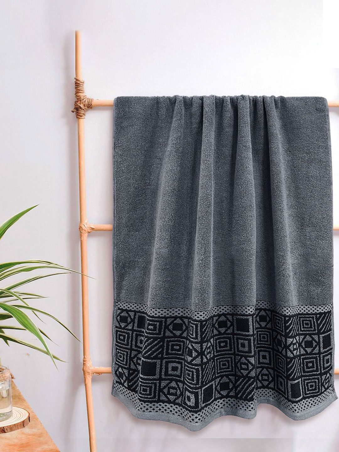 Aura Grey & Black Printed 380 GSM Cotton Bath Towel Price in India