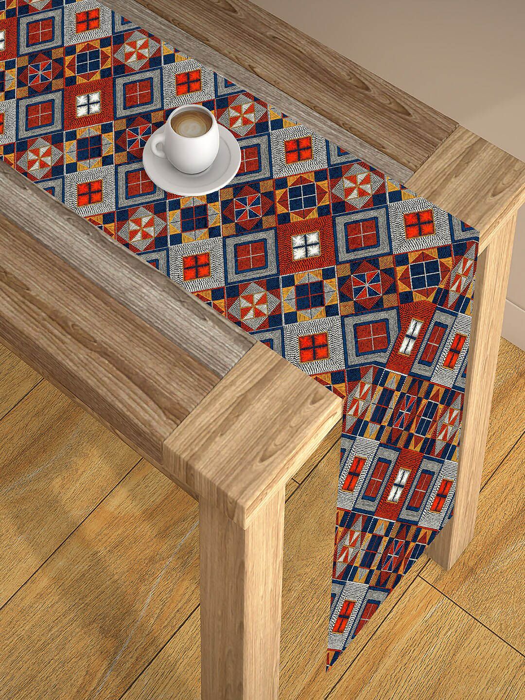 AEROHAVEN Red & Navy-Blue Printed Rectangular 4 seater Poly Matte Table Runner Price in India