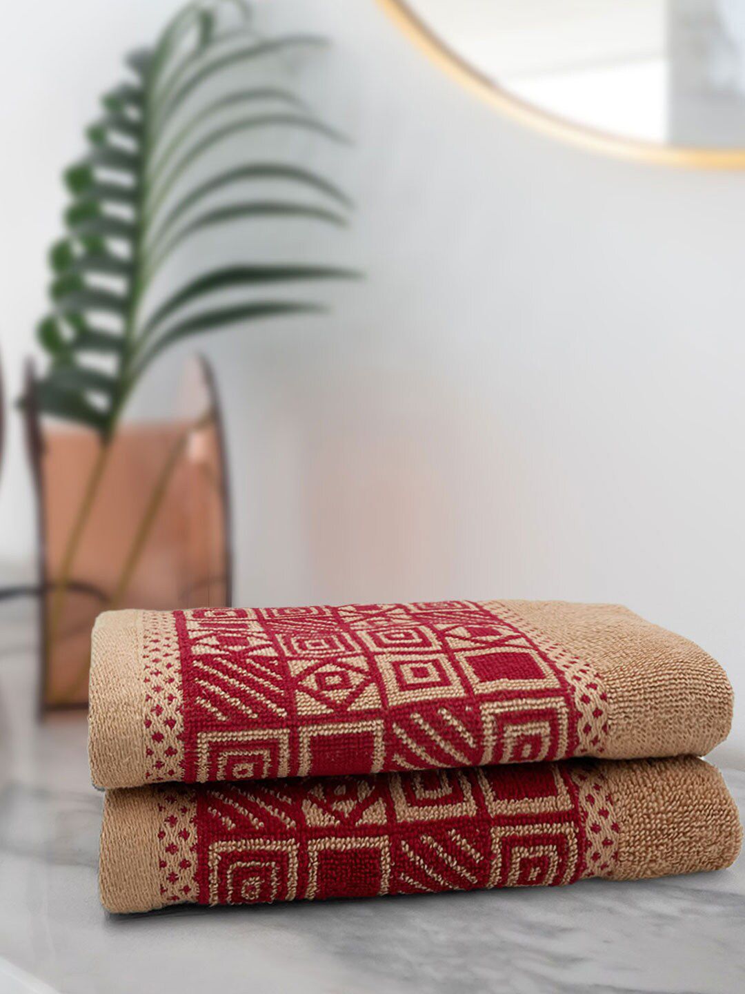 Aura Pack Of 2 Beige & Red Printed Hand Towels Price in India