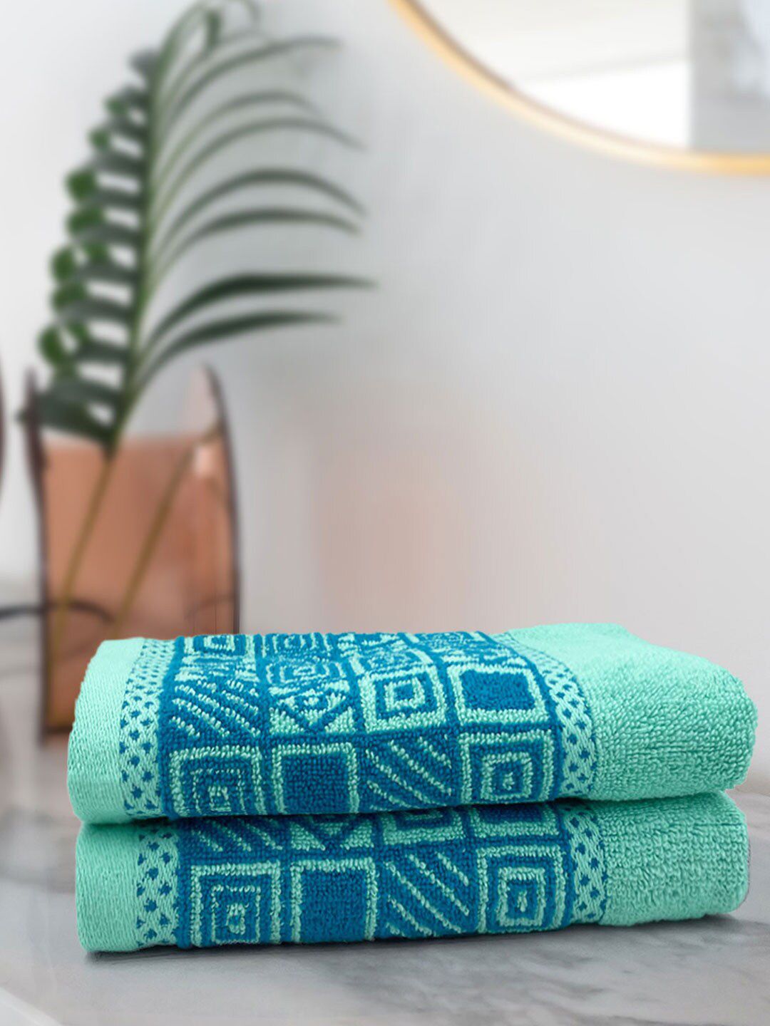 Aura Set of 2 Sea Green & Blue Self Design 380 GSM Cotton Hand Towels Price in India